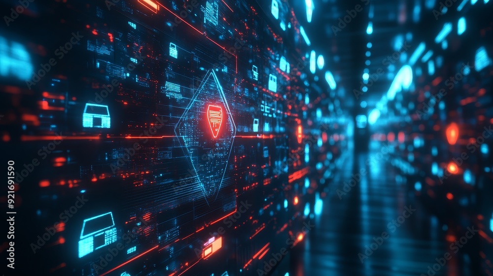 A futuristic digital landscape with glowing blue and red lines representing data flow, a central shield icon symbolizing cybersecurity, and a tunnel leading into the network.