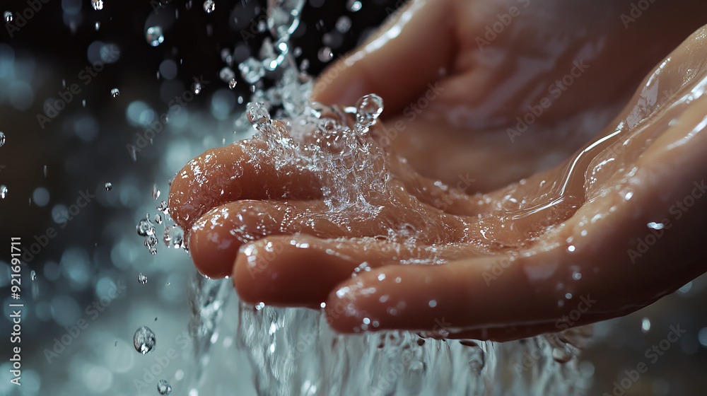 Fototapeta premium Water droplets cascade down, brushing against delicate fingers.