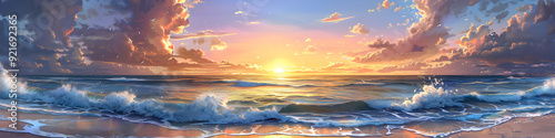 At the edge of paradise, a pristine beach bathes in the warm light of the setting sun in the background
