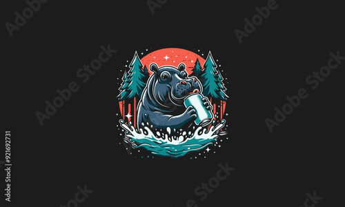 hippo holding drink on forest vector illustration artwork design