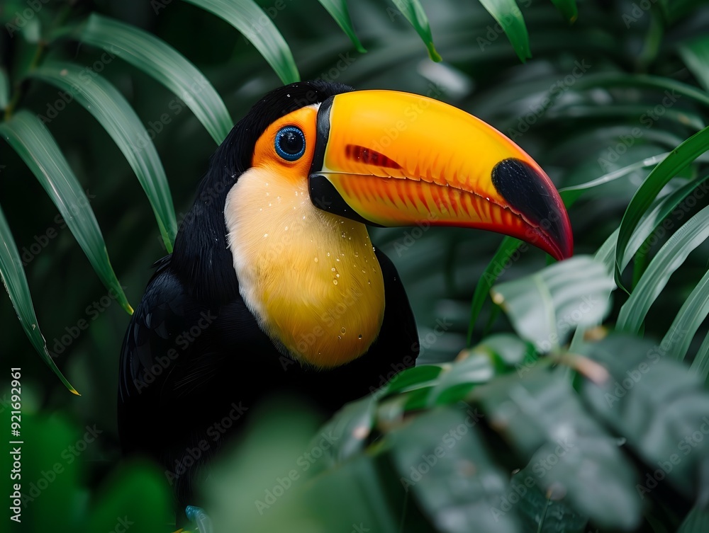 Fototapeta premium Close up of Vibrant Toucan Perched Amidst Tropical Foliage