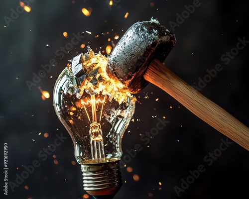 Abstract business growth design, Close-up, Someone smashed a light bulb with a hammer