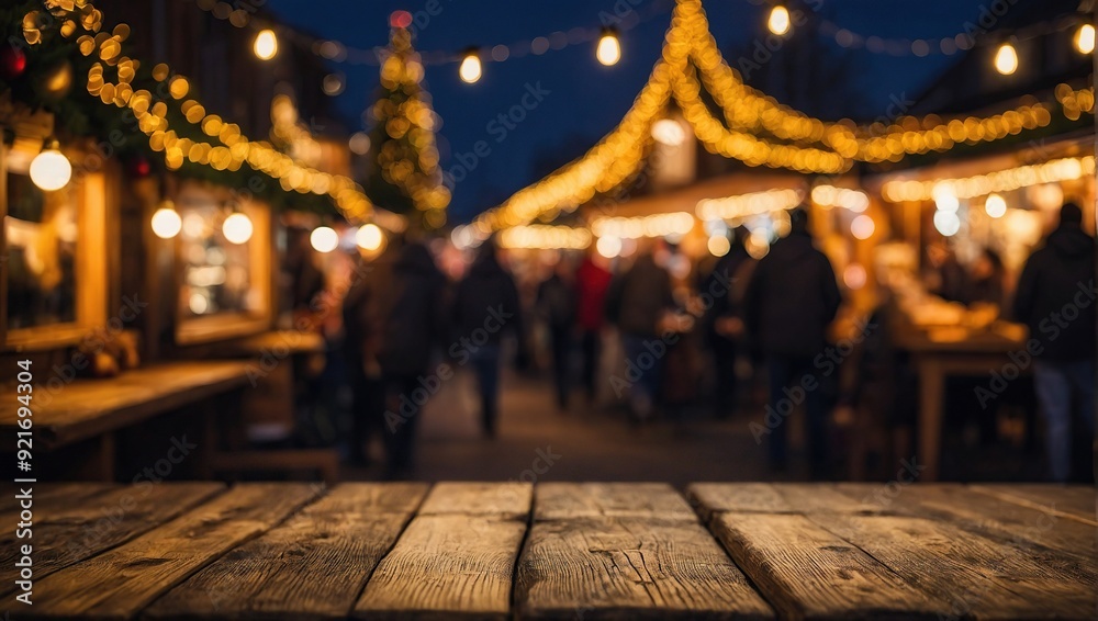 Empty wooden table with golden bokeh and blurred strret light Christmas market,Christmas background Empty wooden table with golden bokeh and blurred strret light Christmas market,Christmas background