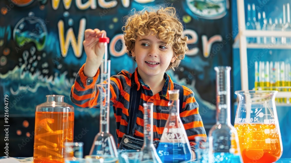 A young boy is circling an orange liquid in the top of a beaker with blue pipes in a school science class