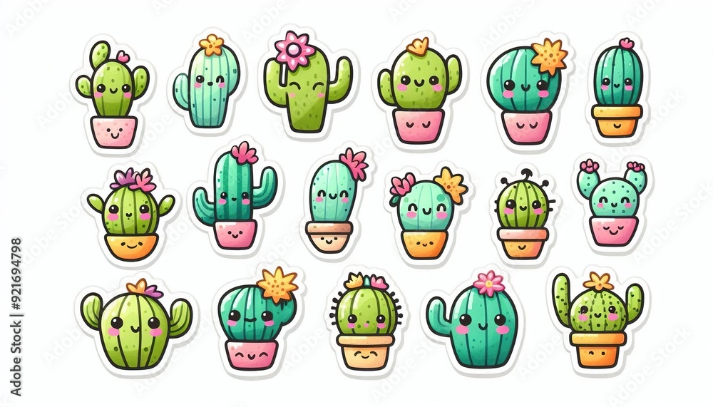 Obraz premium Set of cute cartoon cactus stickers with happy faces.