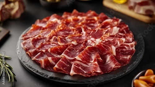 A platter of thinly sliced jamÃ³n ibÃ©rico, a Spanish cured ham, arranged in a circular pattern on a black slate plate. This represents luxury, tradition, culinary delight, and the flavors of Spain. photo
