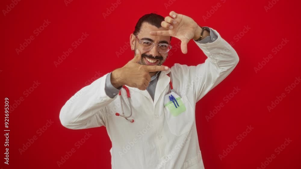 Young hispanic man doctor in uniform framing with hands and fingers, smiling happily in isolated red background - photography creativity concept and focus on face Young hispanic man doctor in uniform framing with hands and fingers, smiling happily in isolated red background - photography creativity concept and focus on face