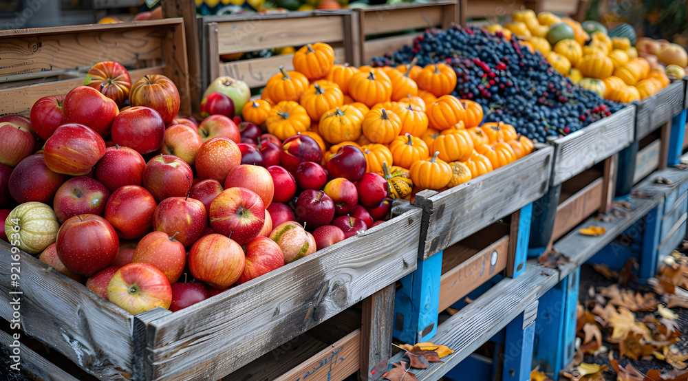 Red Apples, Pumpkins and Blueberries in Wooden Crates - Realistic Photo Red Apples, Pumpkins and Blueberries in Wooden Crates - Realistic Photo