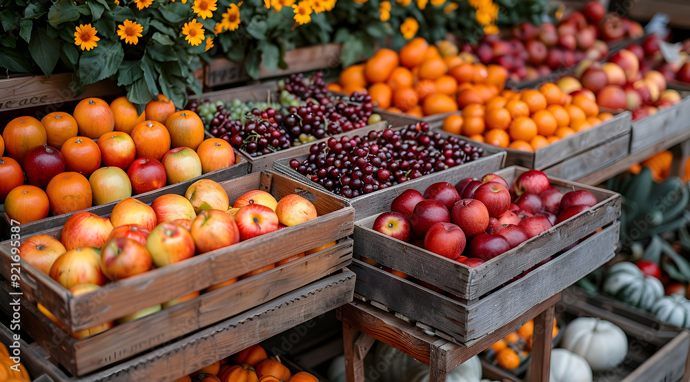 Rustic Wooden Crate with Fresh Fruit and Pumpkins - Photo Rustic Wooden Crate with Fresh Fruit and Pumpkins - Photo