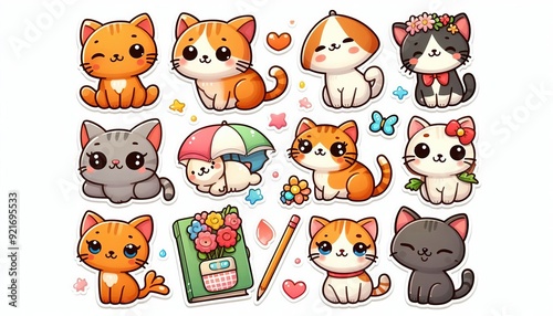 Cute cartoon cat stickers with different poses and expressions.