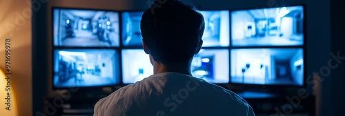 A security guard sits in a dark room, intently monitoring multiple CCTV screens, demonstrating the importance of security systems in protecting property and lives. photo