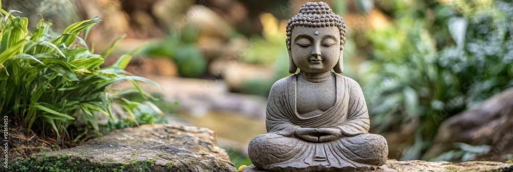 Obraz premium A serene Buddha statue sits in a peaceful garden setting, symbolizing peace, tranquility, meditation, and enlightenment.