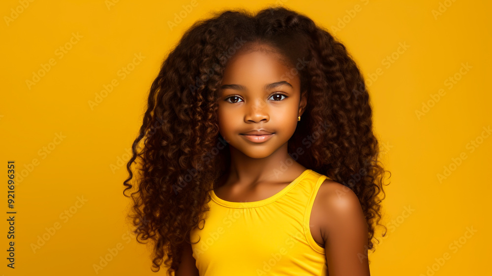 Portrait of smiling cute African American child girl with perfect skin, yellow background, banner. Portrait of smiling cute African American child girl with perfect skin, yellow background, banner.