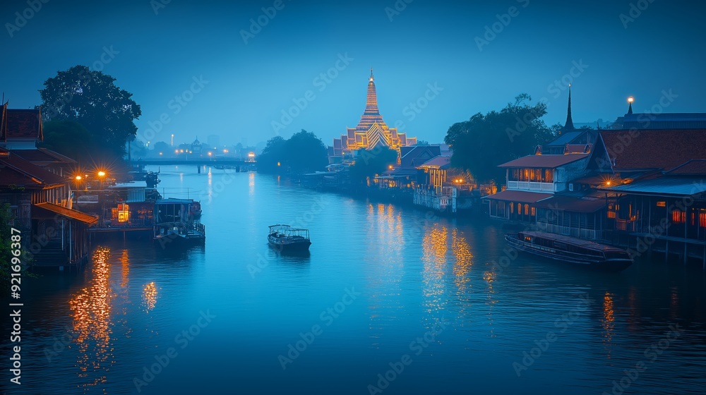Naklejka premium Panoramic Morning Skyline: Enhanced Buildings on Chao Phraya River in Ayutthaya, Thailand
