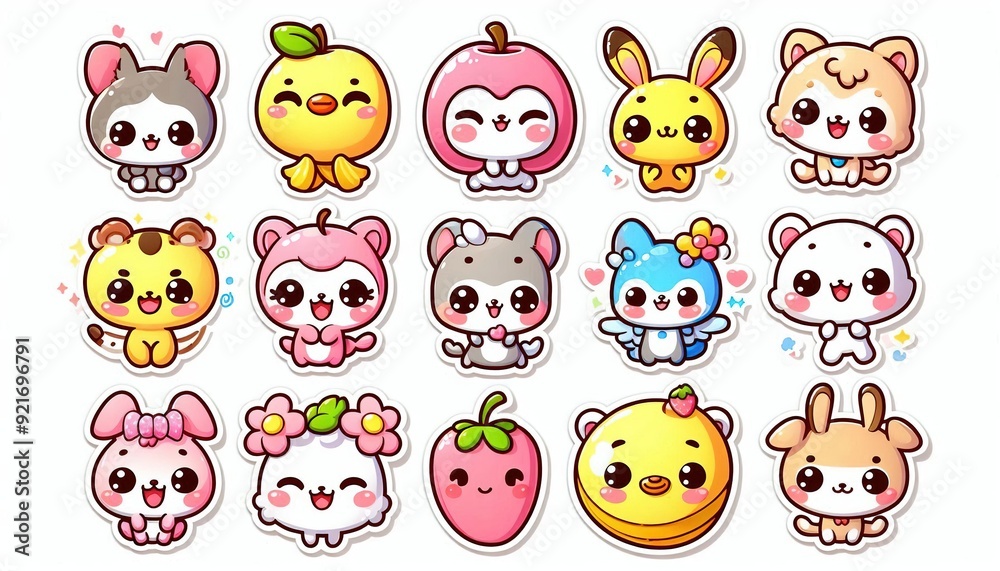 Cute cartoon animal stickers with big eyes and blush. Cute cartoon animal stickers with big eyes and blush.