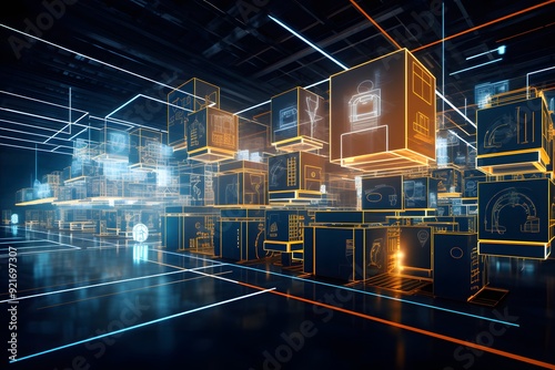Smart warehouse environment, Futuristic storage facility with interactive digital overlays