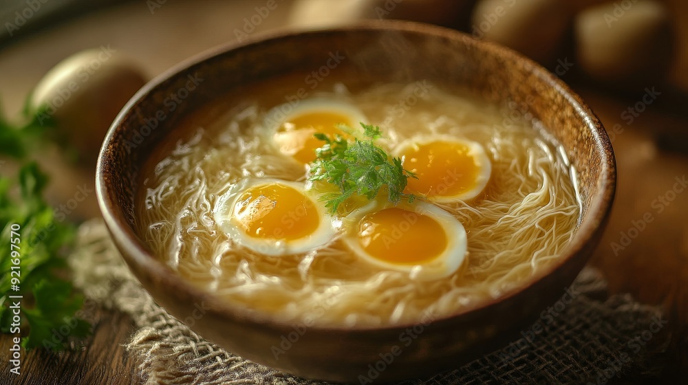A steaming bowl of egg noodle soup with soft boiled eggs, garnished with fresh parsley. The soup is a comforting and flavorful meal, perfect for a cozy evening. A steaming bowl of egg noodle soup with soft boiled eggs, garnished with fresh parsley. The soup is a comforting and flavorful meal, perfect for a cozy evening.