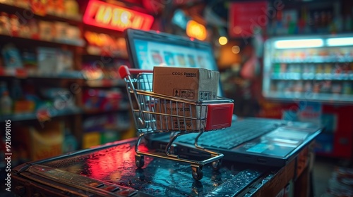 Miniature shopping cart and package boxes on a laptop keyboard, symbolizing online shopping and delivery, ideal for e-commerce and retail promotions.