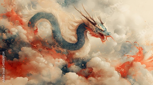 Auspicious Dragon with Traditional Clouds: A dragon in a classic setting with traditional clouds, reflecting divine protection and prosperity photo