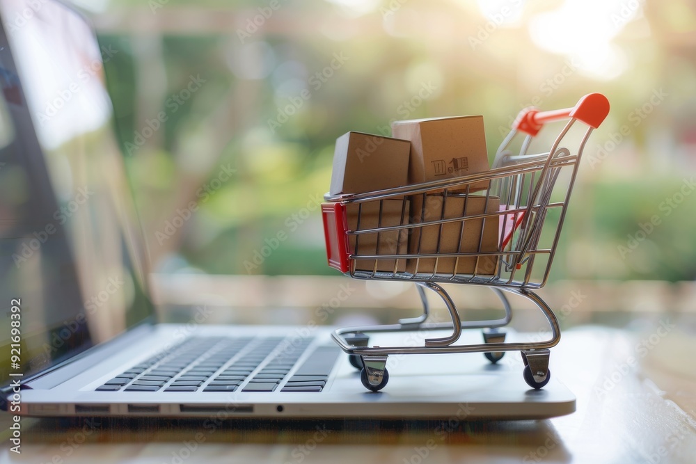 Miniature shopping cart and package boxes on a laptop keyboard, symbolizing online shopping and delivery, ideal for e-commerce and retail promotions. Miniature shopping cart and package boxes on a laptop keyboard, symbolizing online shopping and delivery, ideal for e-commerce and retail promotions.