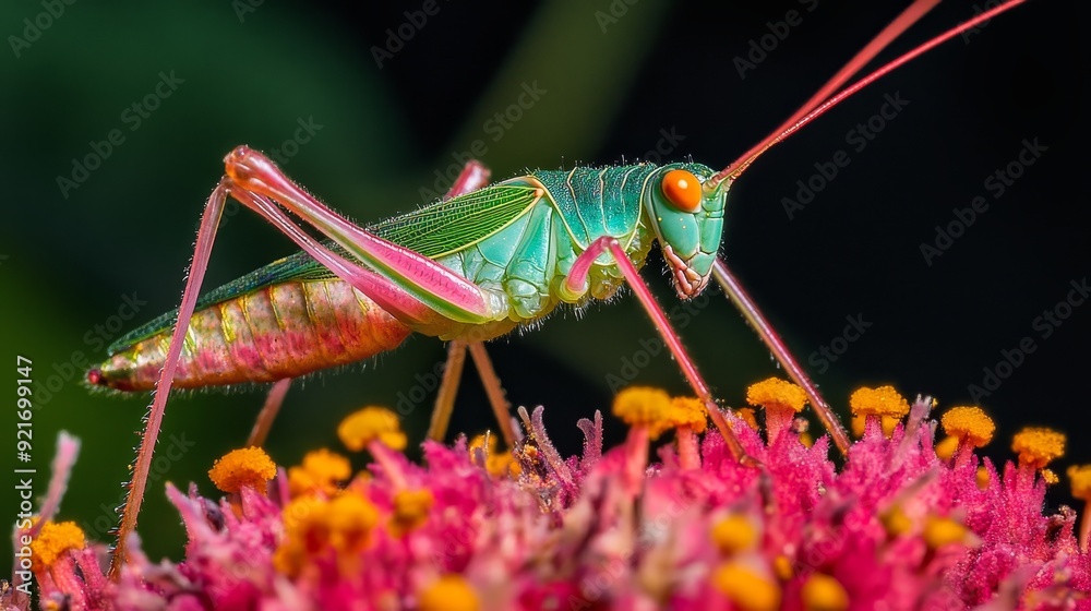Fototapeta premium A vivid green grasshopper with pink legs perched on a vibrant pink flower, showcasing the beauty of nature's intricate details.