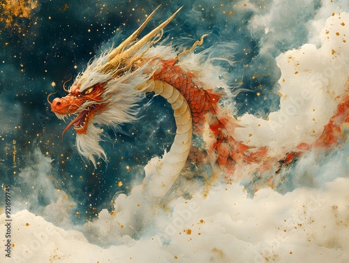 Auspicious Dragon in Celestial Setting: A dragon amidst celestial elements like stars and clouds, symbolizing divine protection and success photo