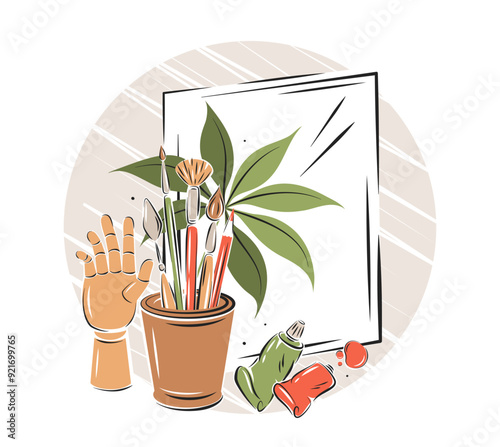 Canvas, oil paint in tubes, painting brushes and drawing tools. Art supplies, creative hobby accessories. Vector illustration