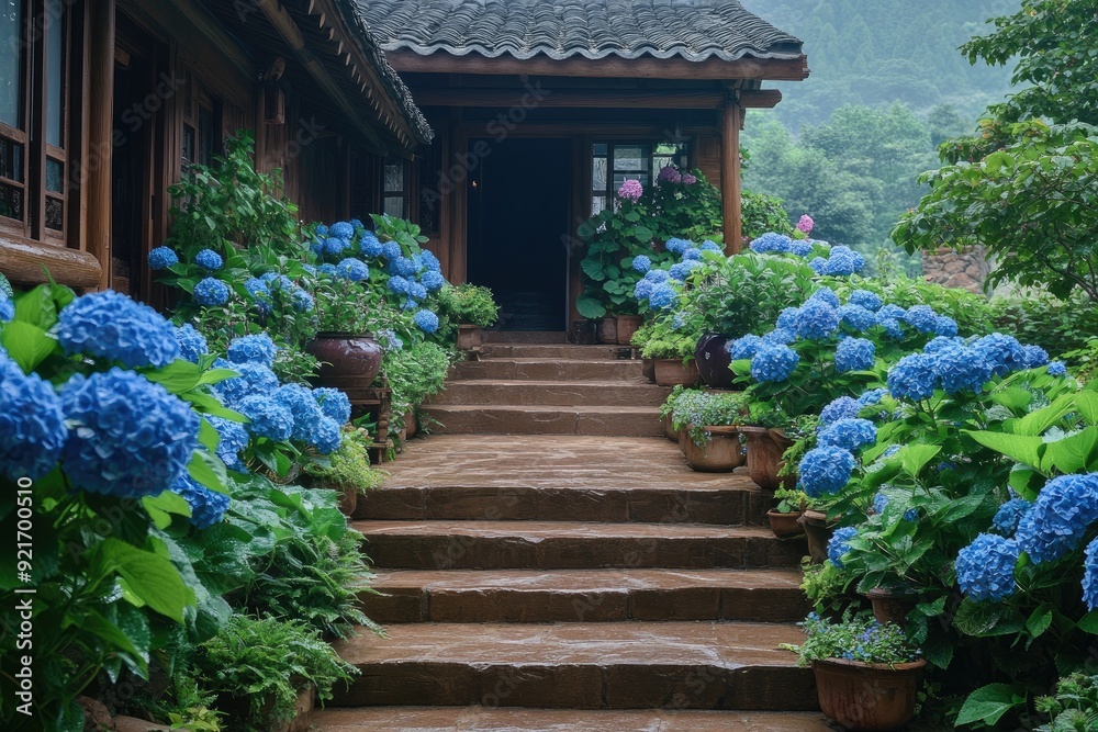 A charming outdoor stone staircase leads to a house, adorned with blooming blue and pink hydrangeas, creating a serene and picturesque garden pathway.