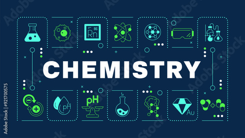 Chemistry dark blue word concept. School subject. Laboratory equipment. Chemical bond and reaction. Visual communication. Vector art with lettering text, editable glyph icons. Hubot Sans font used