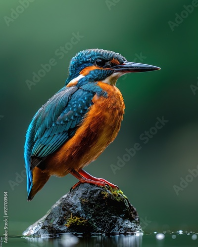 Colorful kingfisher perched on rock by water.