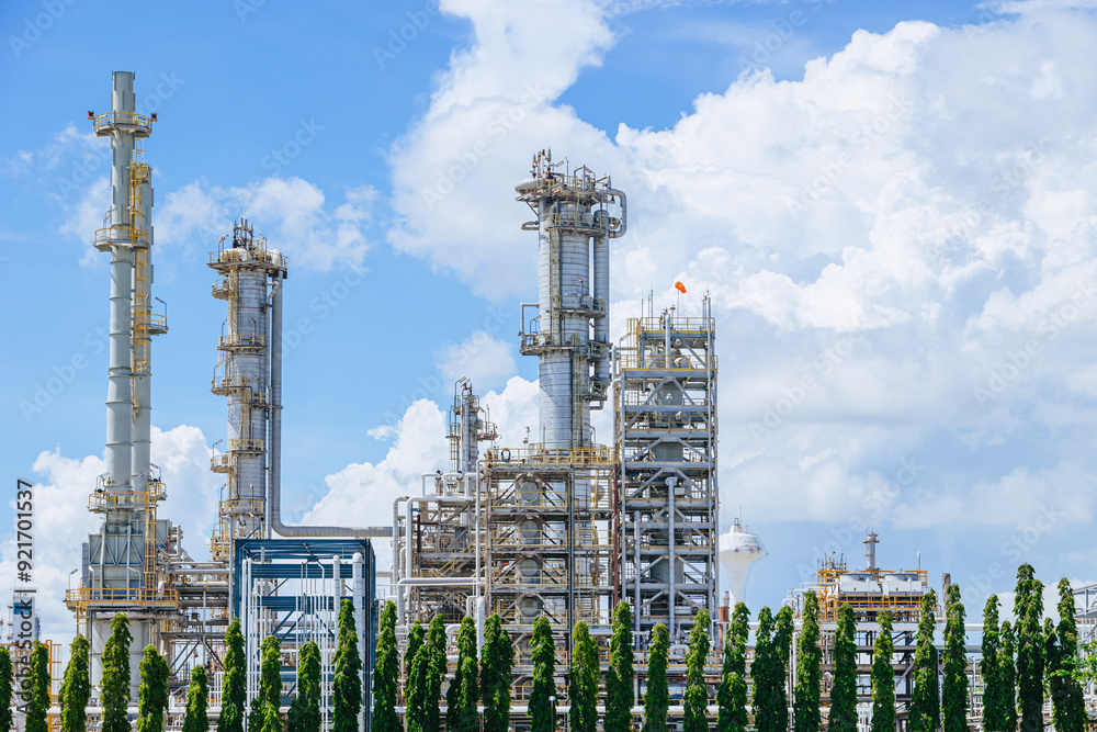 Fototapeta premium Petrochemical Petroleum Refinery Oil and Gas plant industrial complex building with Atmospheric distillation tower landscape summer blue sky.