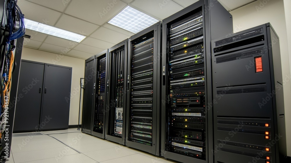 Rows of sleek, black server racks in a modern data center, showcasing technology, network infrastructure, and data storage. Rows of sleek, black server racks in a modern data center, showcasing technology, network infrastructure, and data storage.