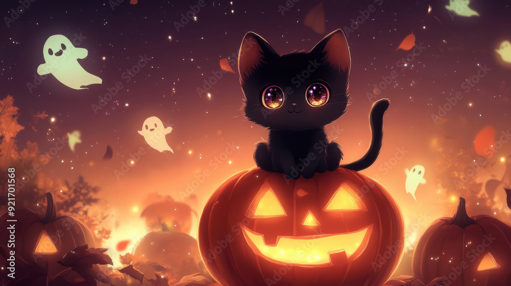 Images of witches, black cats, pumpkins, ghosts, cute cartoon characters, and candies that represent Halloween to use in card designs or media related to this day.