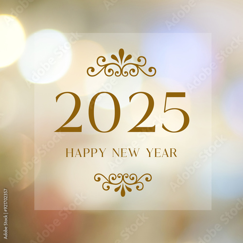 Happy New Year 2025 on blur abstract bokeh background, New year greeting card, banner, sign