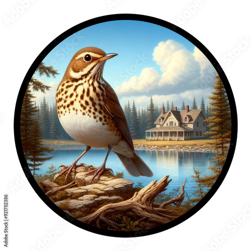 A circular 3D rendered watercolor painting of a male Swainson's Thrush, isolated on a transparent background
 photo