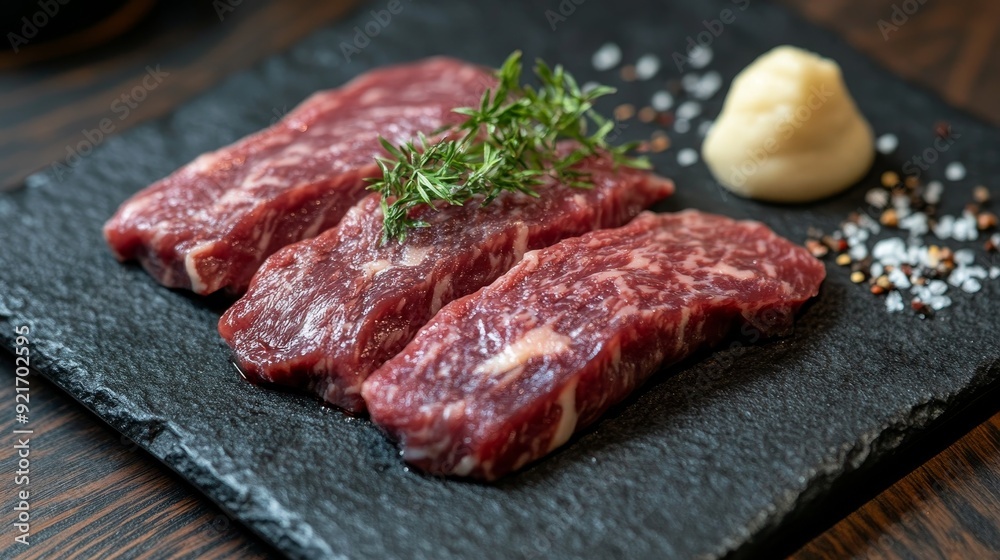 Three raw beef steaks, perfectly marbled and arranged on a black slate plate, are garnished with fresh herbs and a dollop of condiment, showcasing the richness and quality of the meat. Three raw beef steaks, perfectly marbled and arranged on a black slate plate, are garnished with fresh herbs and a dollop of condiment, showcasing the richness and quality of the meat.