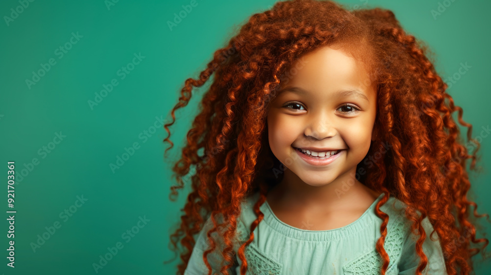 Portrait of smiling cute African American child girl with red hair and perfect skin, light green background, banner. Portrait of smiling cute African American child girl with red hair and perfect skin, light green background, banner.