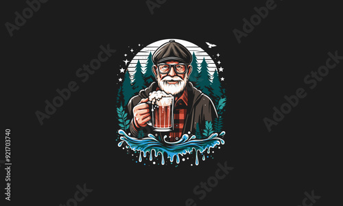 grandpa holding drink on forest vector illustration artwork design