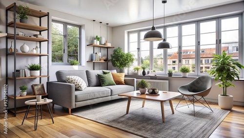 Cozy small modern apartment with sleek furniture, large windows, and a minimalist decor, creating a bright, airy, and relaxing urban living space.