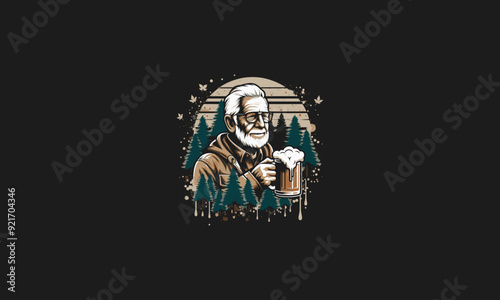 grandpa holding drink on forest vector illustration artwork design