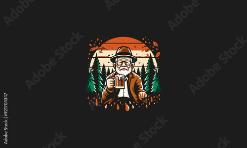 grandpa holding drink on forest vector illustration artwork design