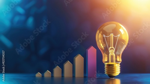 Geometric business growth and expansion, Golden light bulb, good idea, Dynamic colors, copy space for text , realistic photo high detailed