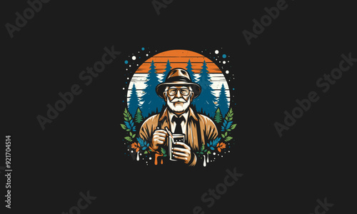 grandpa holding drink on forest vector illustration artwork design