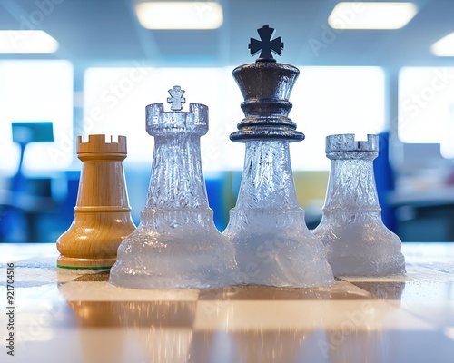 Geometric business growth, The chess pieces are covered in ice around them photo