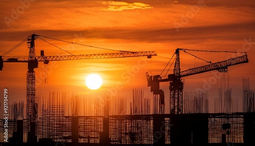 silhouette construction site with sunset, industrial concept