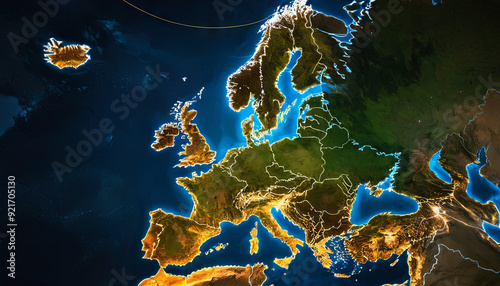 A colorful map highlights countries and geographical features of Europe, showcasing the continent's borders and topography against a dark background