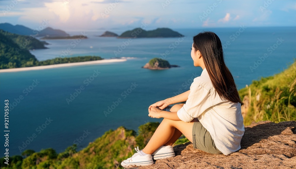 summer travel vacation, woman traveler enjoy sea view from mountain summer travel vacation, woman traveler enjoy sea view from mountain