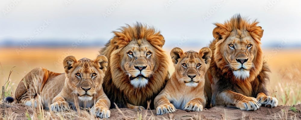 Majestic lion family basking in the savannah sun, animal family togetherness, wildlife bond Majestic lion family basking in the savannah sun, animal family togetherness, wildlife bond