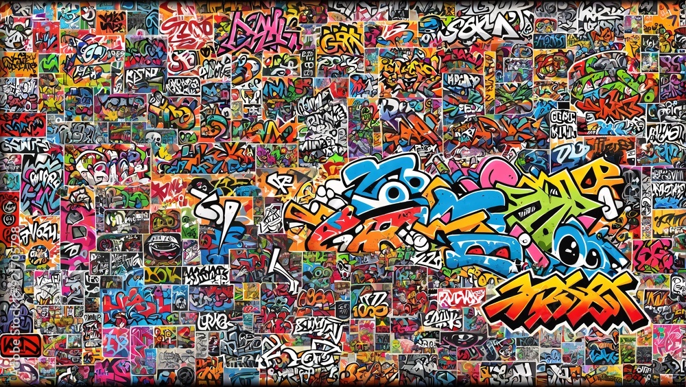 Fototapeta premium Graffiti Art Background Featuring a Collage of Different Graffiti Styles, from Classic Tags to Modern Murals: Urban Creativity