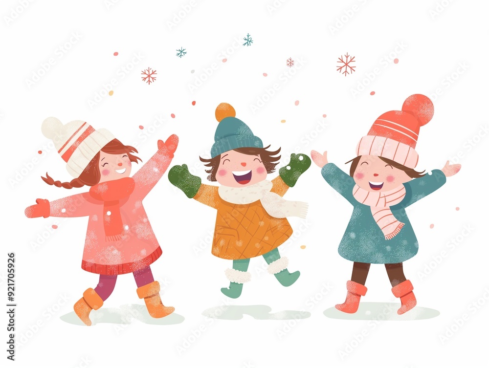 Happy children play snow watercolor illustration isolated on white. AI generated Happy children play snow watercolor illustration isolated on white. AI generated